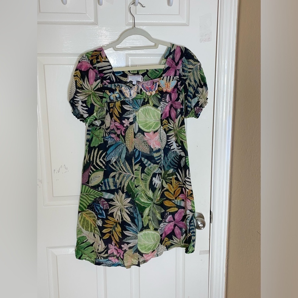 Johnny Was Workshop Tropical Puff Sleeve Tunic Dress in Green Multicolor XS‌‌‌‌‌ - Picture 6 of 12